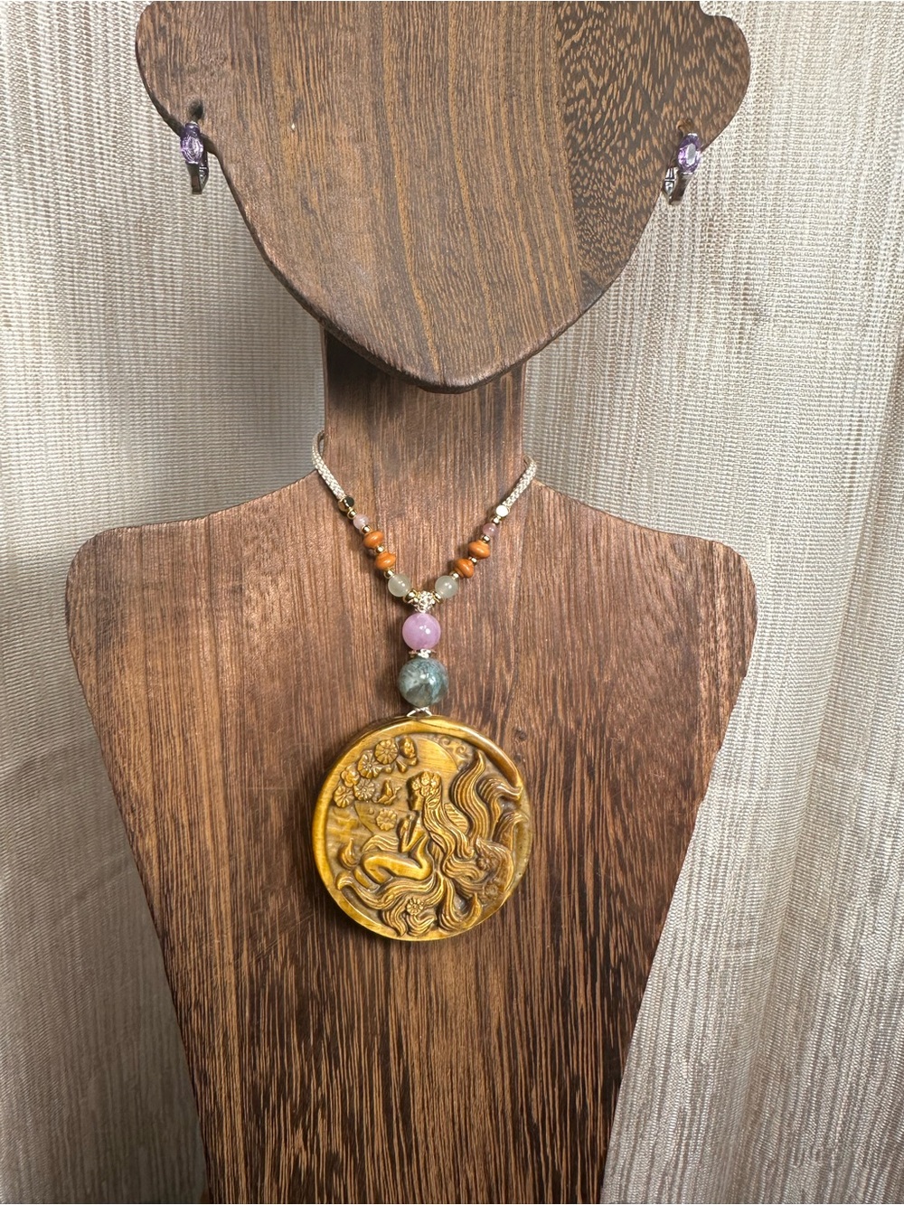 Tiger’s Eye Fairy Pendant with Kunzite and Moss Agate on Adjustable Beaded Rope - Picture 10 of 12
